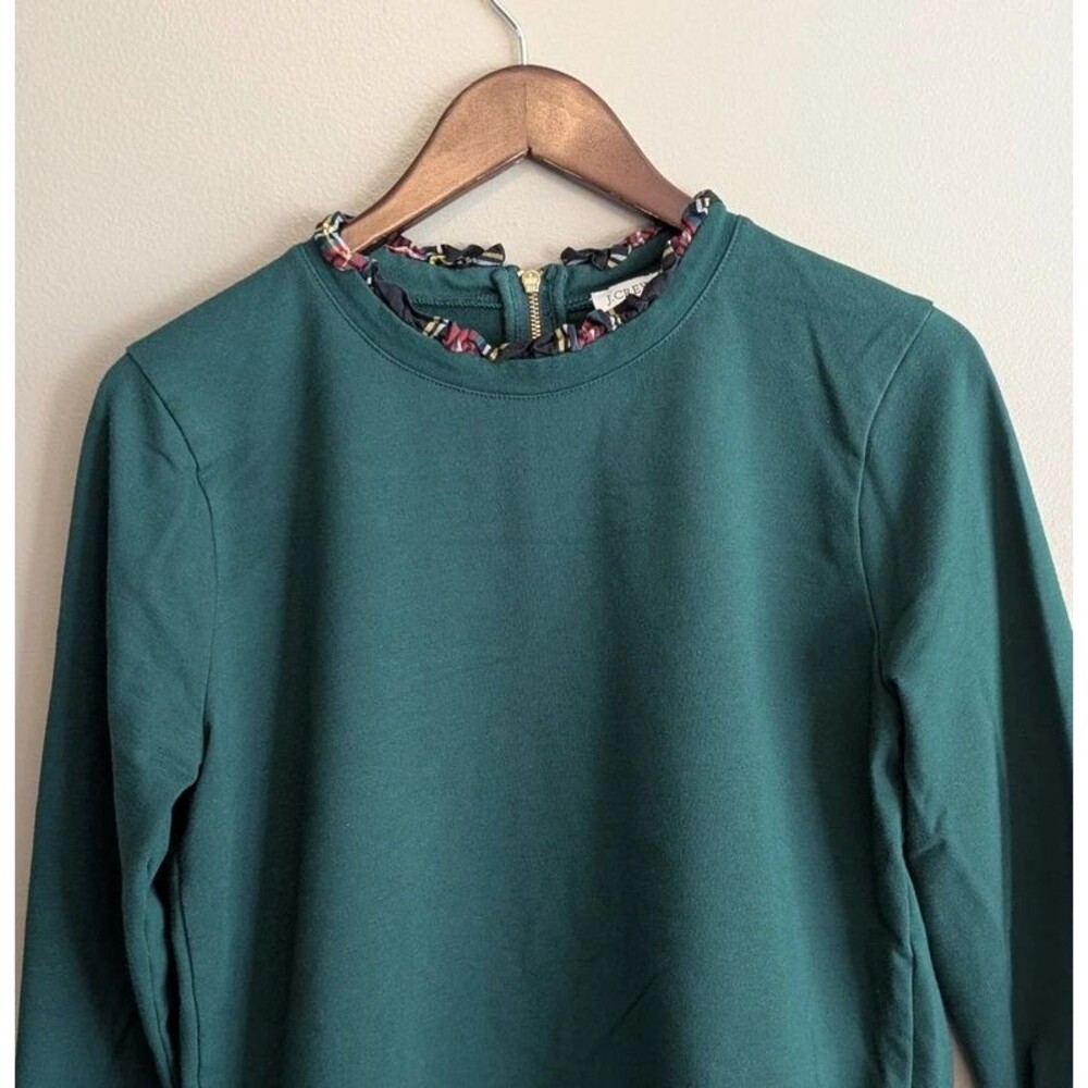 J Crew Womens Medium M Tartan Plaid Ruffle Neck Sweatshirt Green Zip Back Top